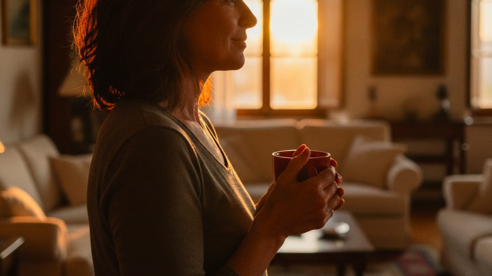 Una donna guarda l'alba dalla finestra di casa, con una tazza tra le mani